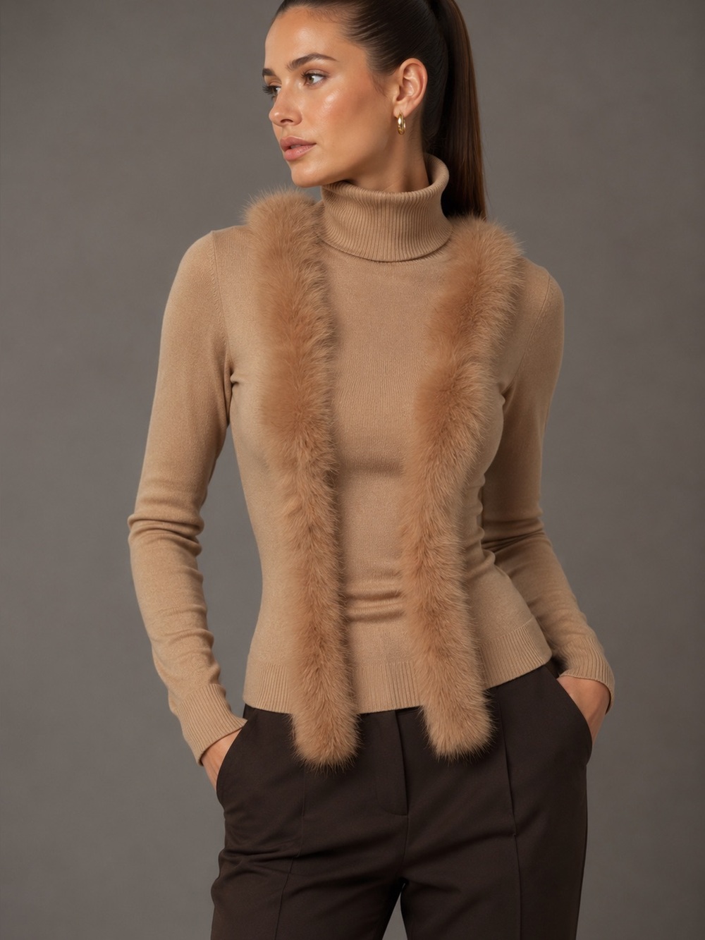 Elegant Tan Turtleneck Sweater Set.